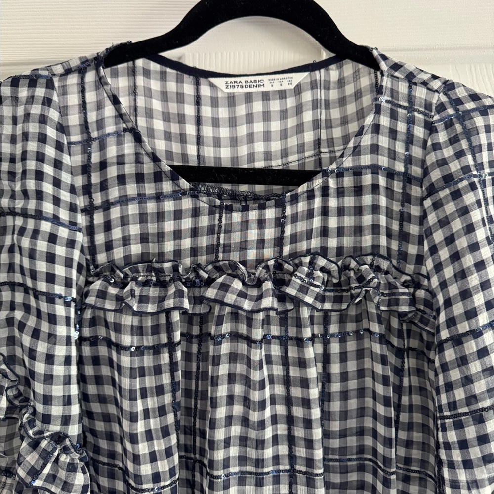 Zara Navy Checkered Ruffle Top